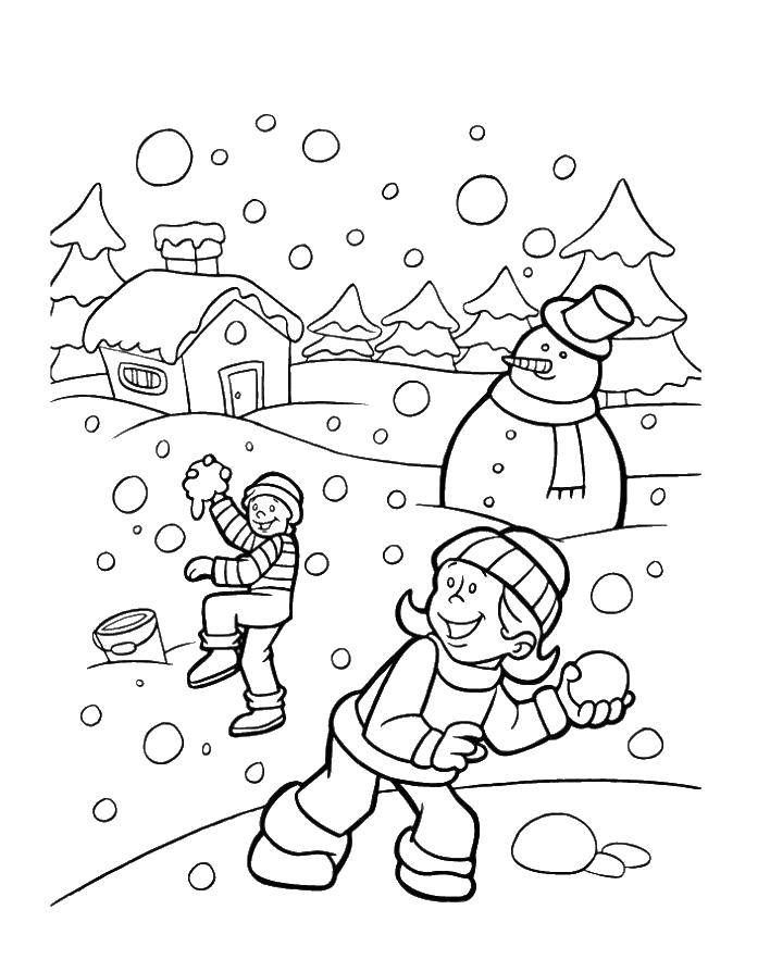 Название: Раскраска Дети играют в снежки. Категория: Люди. Теги: дети, снег.