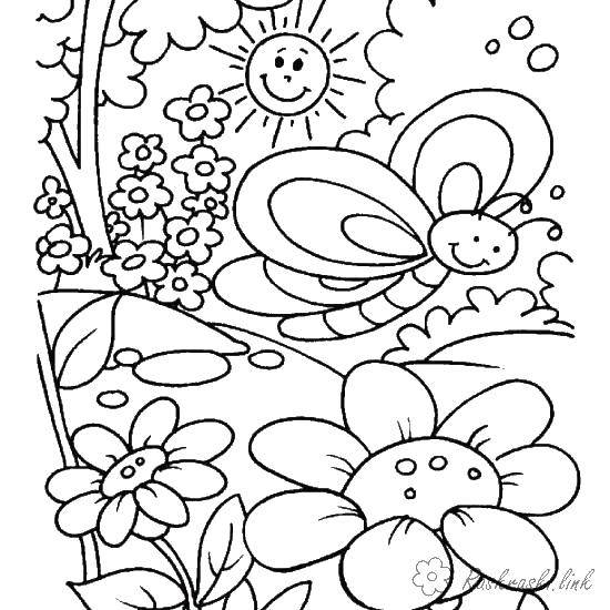 Coloring Sun nature. Category Nature. Tags:  the sun, a plant, a bee.