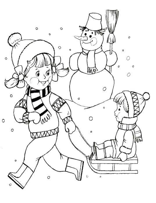 Название: Раскраска Дети и снеговик. Категория: погода. Теги: дети, санки, снеговик, зима.