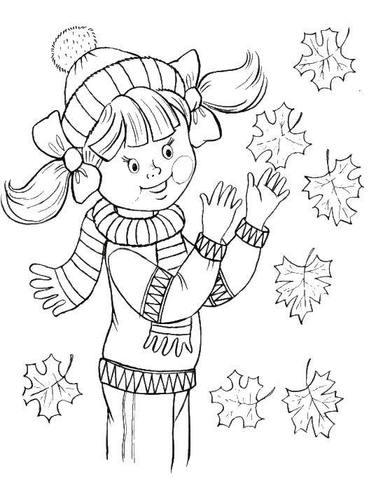 Название: Раскраска Девочка и листья. Категория: раскраски для девочек. Теги: листья, девочка.