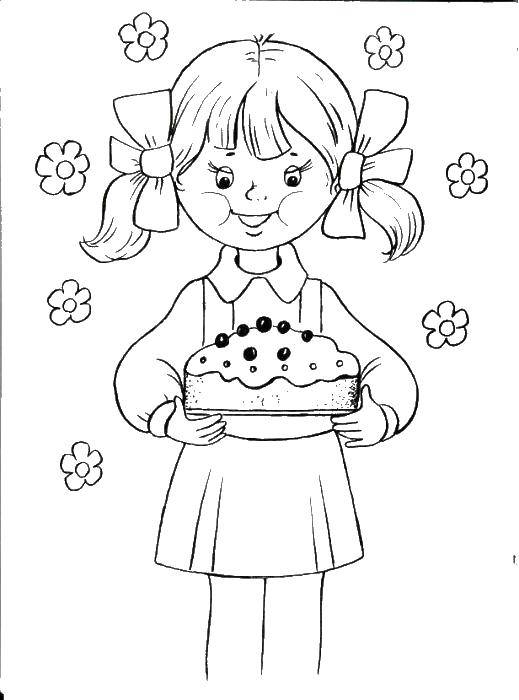 Название: Раскраска Девочка и торт. Категория: раскраски для маленьких. Теги: девочка, торт.