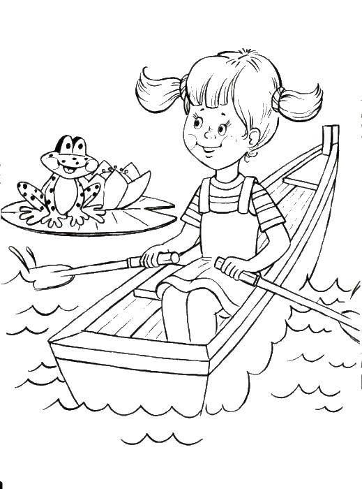 Название: Раскраска Девочка на лодке. Категория: раскраски для девочек. Теги: девочка, лодка, лягушка.