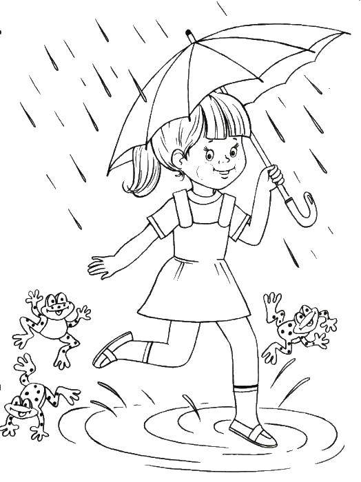 Название: Раскраска Девочка под зонтикам. Категория: погода. Теги: дождь, девочка, зонтик, лягушка.