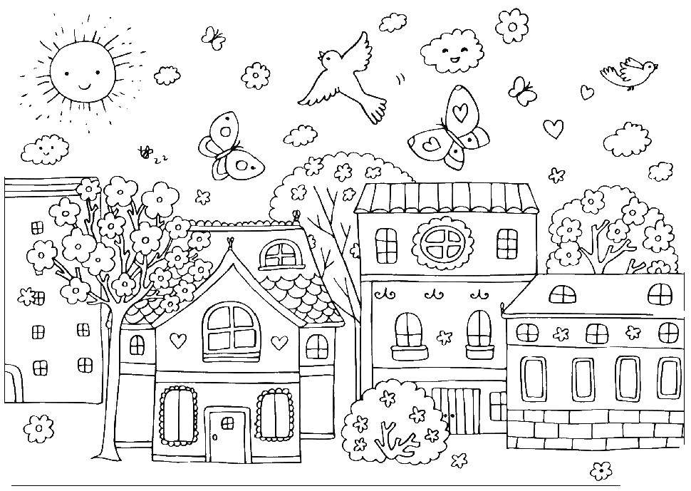 Coloring House with trees. Category spring. Tags:  home, tree.
