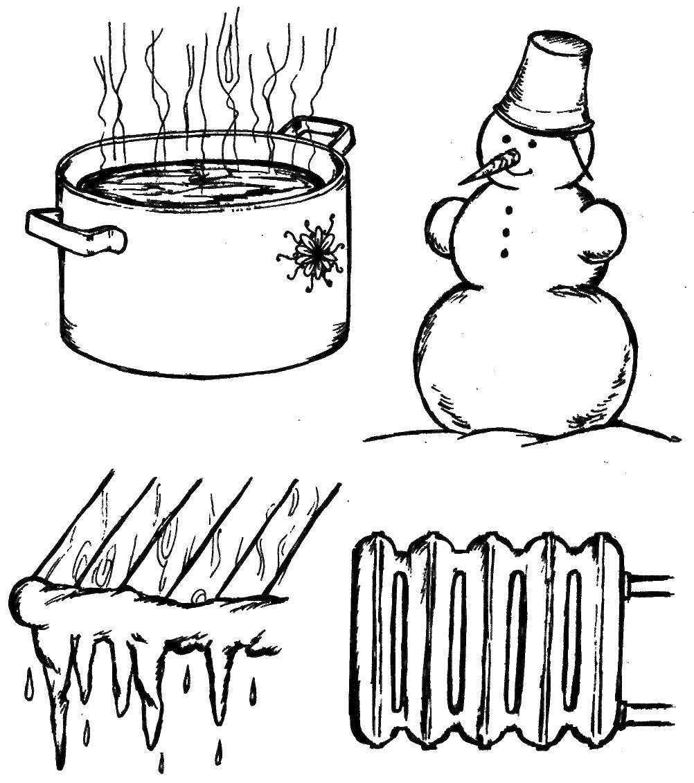 Название: Раскраска Кипяченная вода и снеговик. Категория: раскраски. Теги: вода, кастрюль, снеговик, батарея.