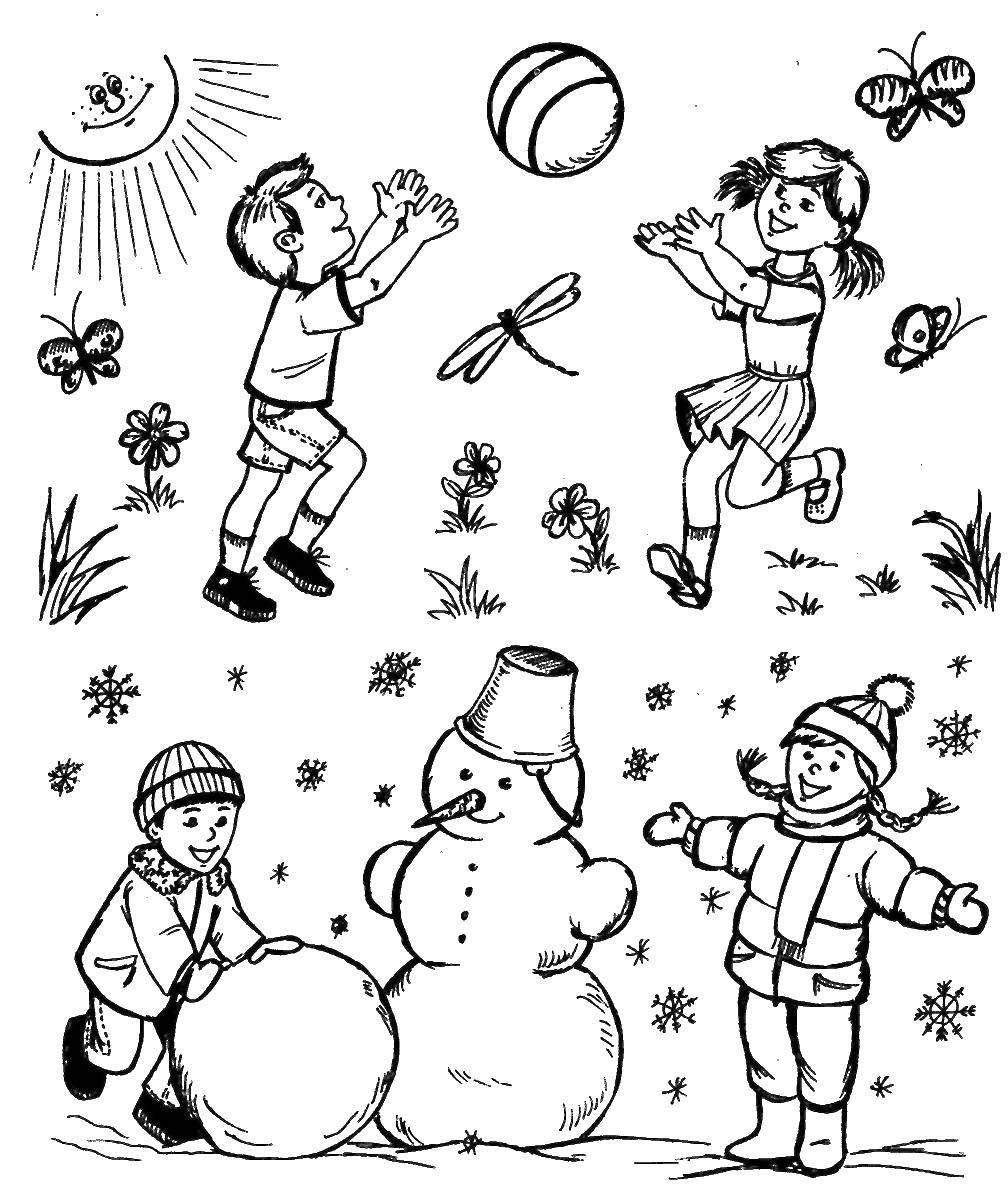 Coloring Summer and winter. Category weather. Tags:  summer, winter, snowman, sun.
