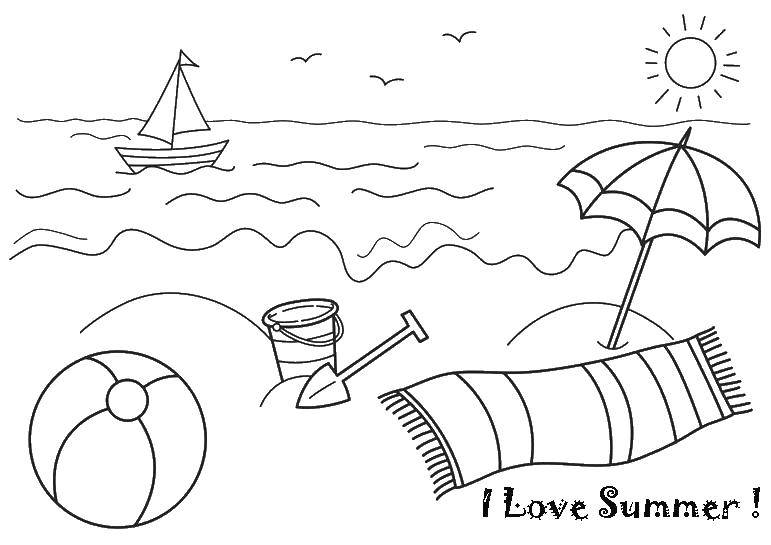 Название: Раскраска Пляж. Категория: Летний пляж. Теги: мяч, лодка, море, солнце.
