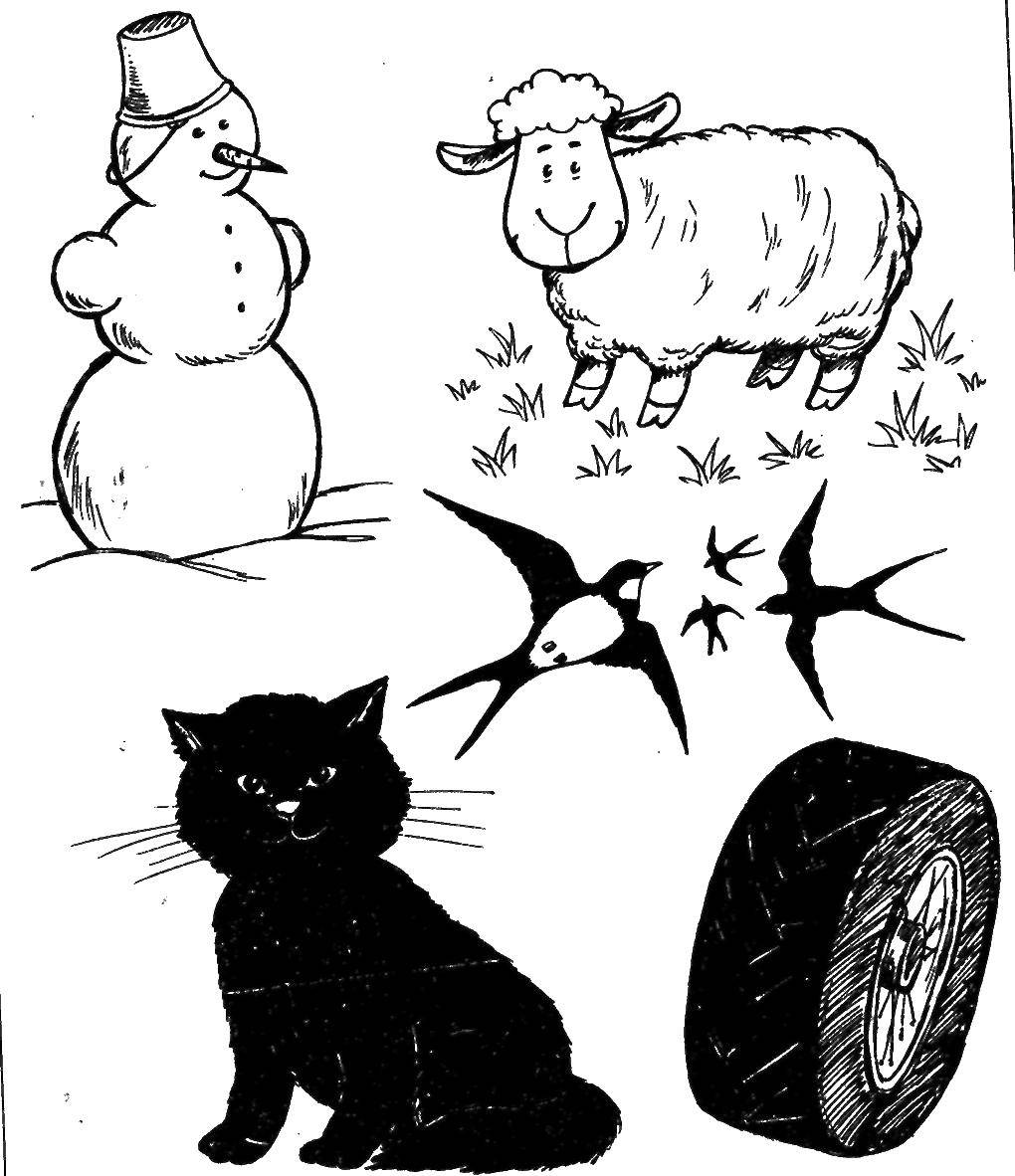 Название: Раскраска Снеговик и животные. Категория: раскраски. Теги: овечка, снеговик, кошка, ласточки, колесо.