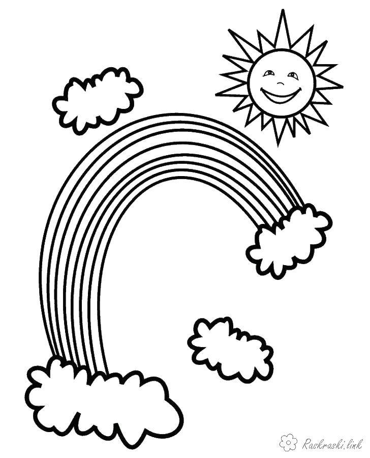 Название: Раскраска Солне и радуга. Категория: погода. Теги: солнце, облака, радуга.