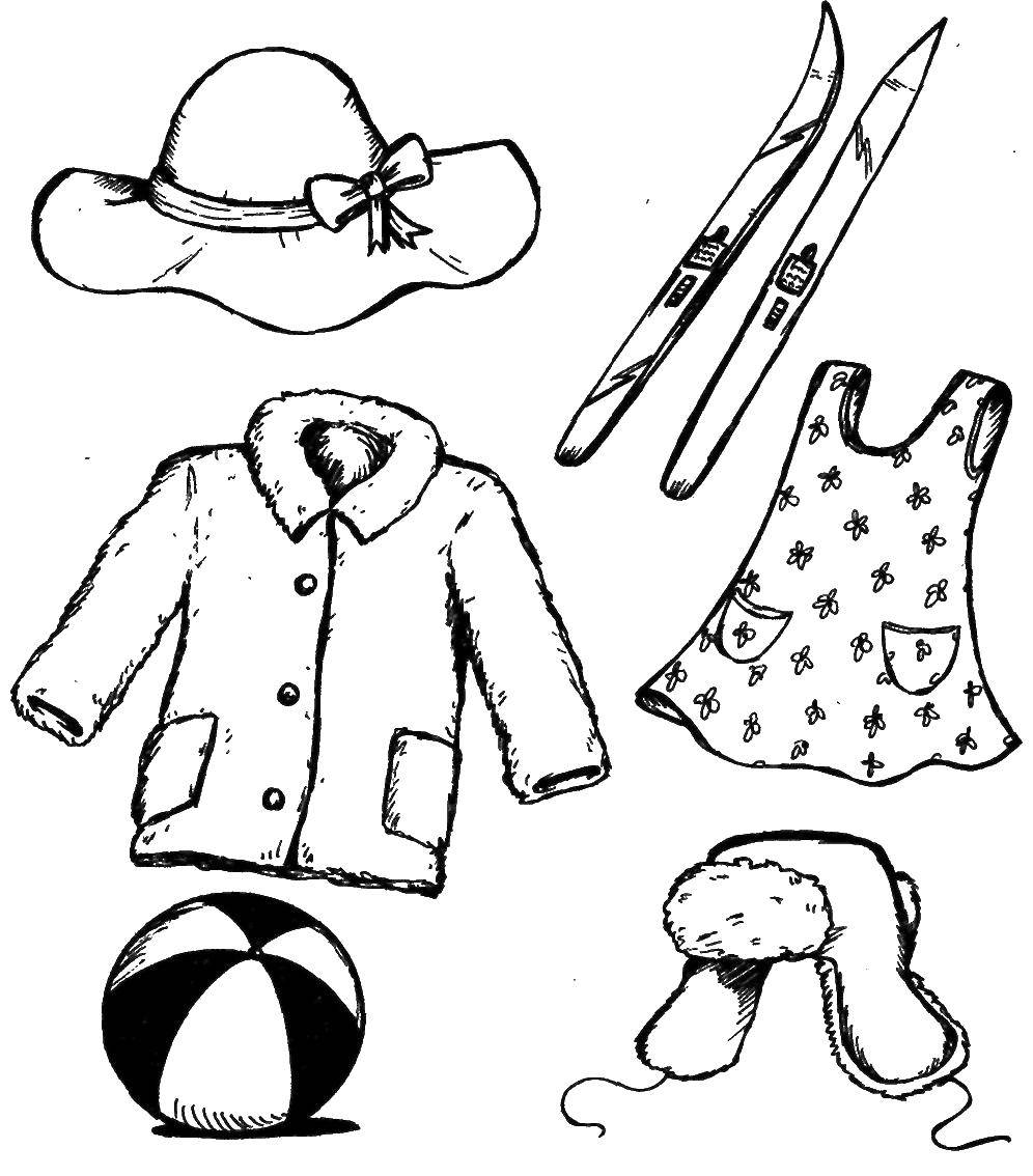 Название: Раскраска Вещи. Категория: Одежда. Теги: куртка, платье, шапка, шляпа.