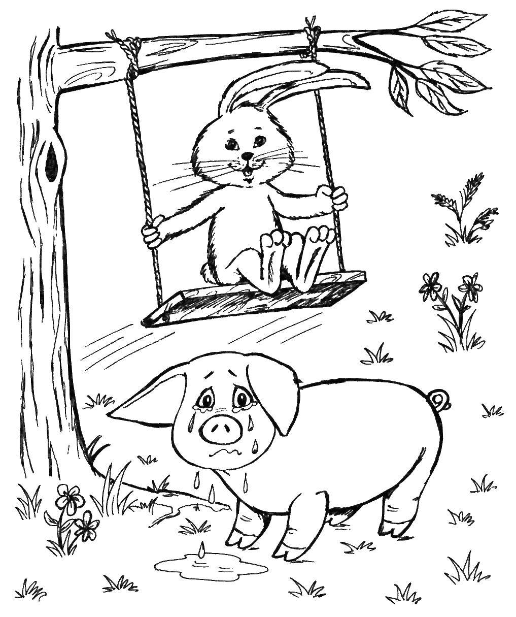 Coloring Bunny on a swing, pig crying. Category Animals. Tags:  hare, pig.