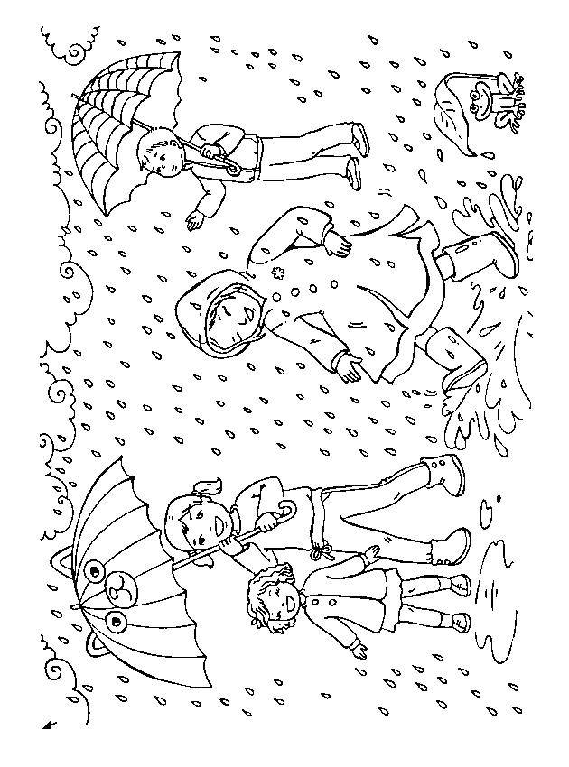 Название: Раскраска Дети гуляют под дождем с зонтиками. Категория: Люди. Теги: дети, дождь.