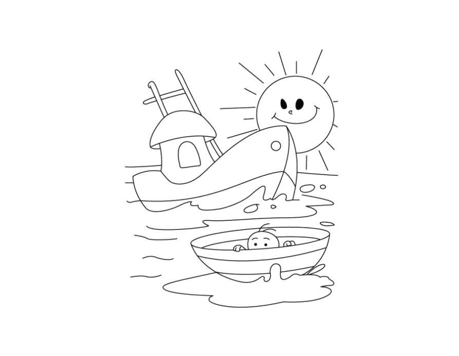 Название: Раскраска Кораблик с лодкой на воде. Категория: море. Теги: Море, волны, вода.