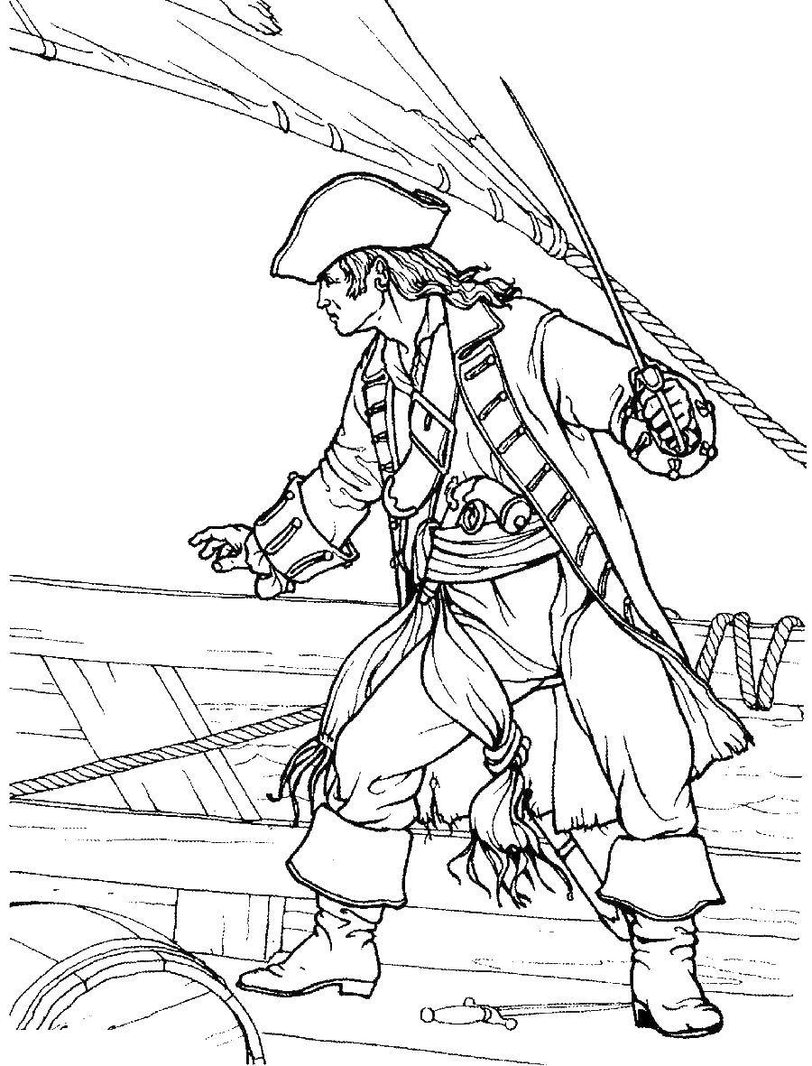 Розмальовки  Пірат з шаблею. Завантажити розмальовку Пірат, шабля.  Роздрукувати ,Пірати,