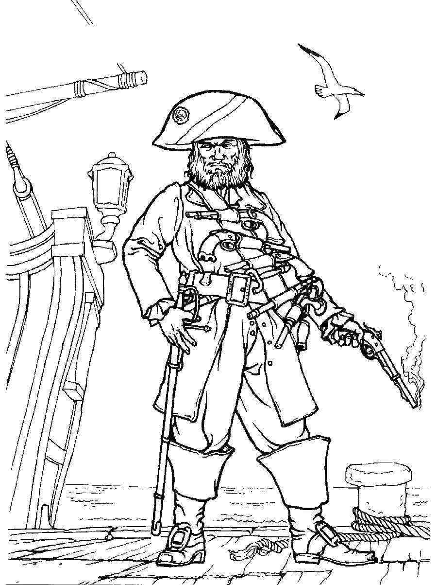Coloring Pirate with gun. Category The pirates. Tags:  Pirate, island, treasure, ship.