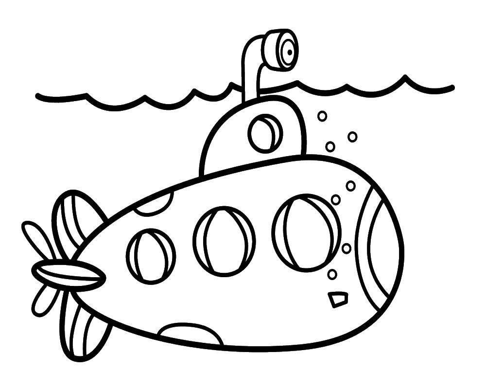 Название: Раскраска Подводная лодка плывет под водой. Категория: море. Теги: Подводная лодка, вода, пузыри.