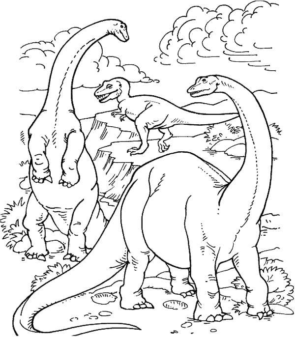 Название: Раскраска Тираннозавр рэкс и бронтозавры. Категория: динозавр. Теги: Динозавры, тираннозавр, бронтозавр.