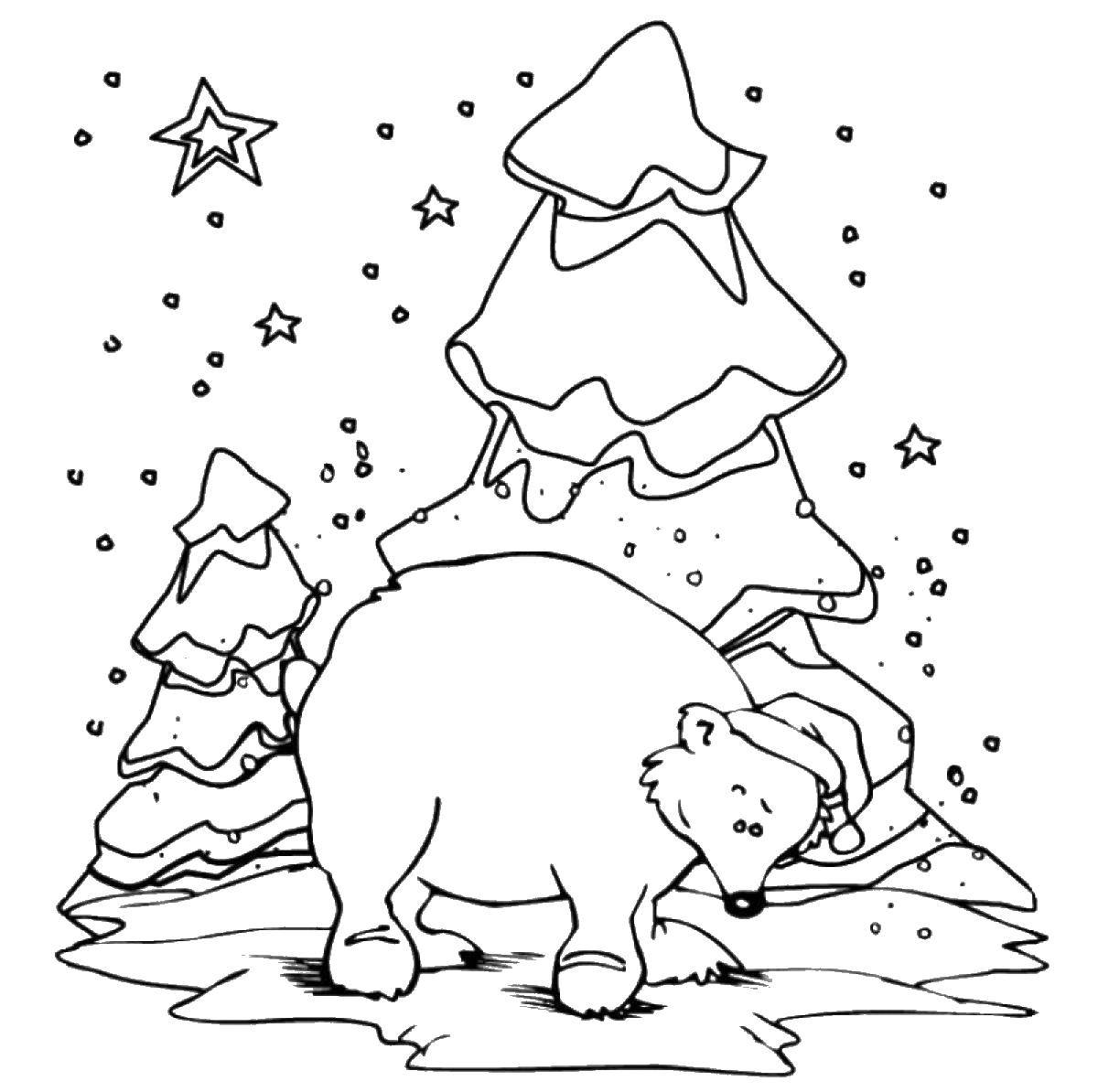 Coloring Bear in winter in front of Christmas tree. Category Animals. Tags:  bear .