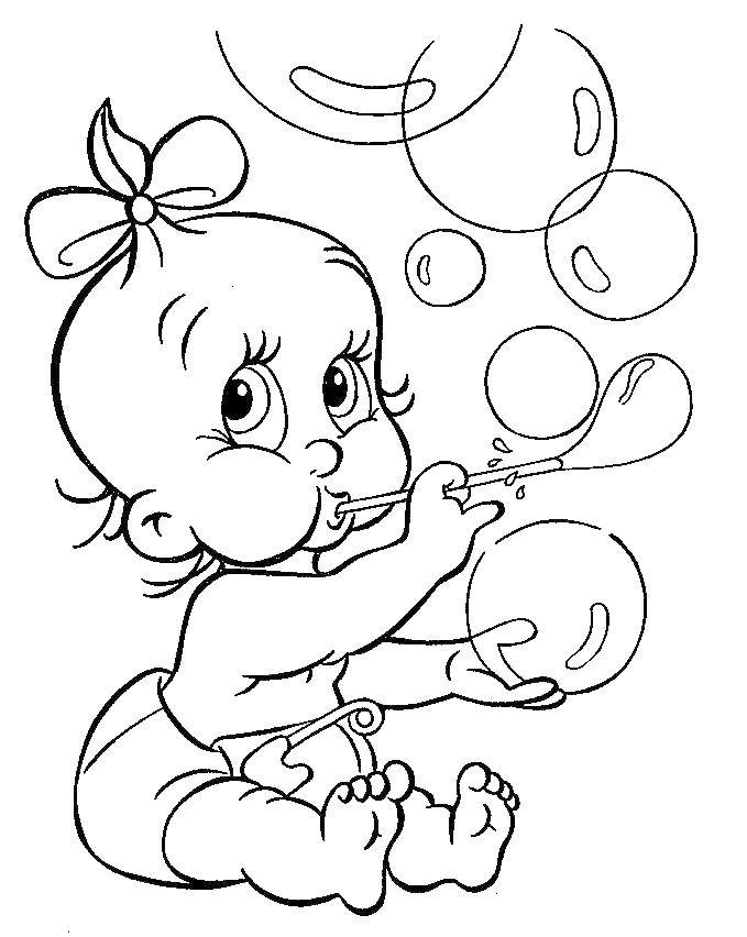 Название: Раскраска Малышка пускает мыльные пузыри. Категория: раскраски. Теги: Младенец, дети.