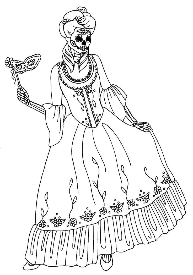 Название: Раскраска Принцесса скелет. Категория: скелеты. Теги: Скелет, принцесса.
