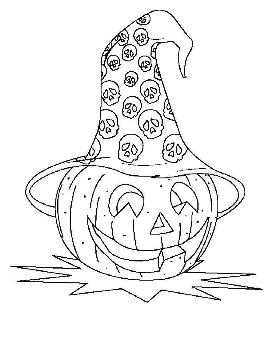 Название: Раскраска Тыква в шляпе ведьмы. Категория: Хэллоуин. Теги: Хэллоуин, тыква.
