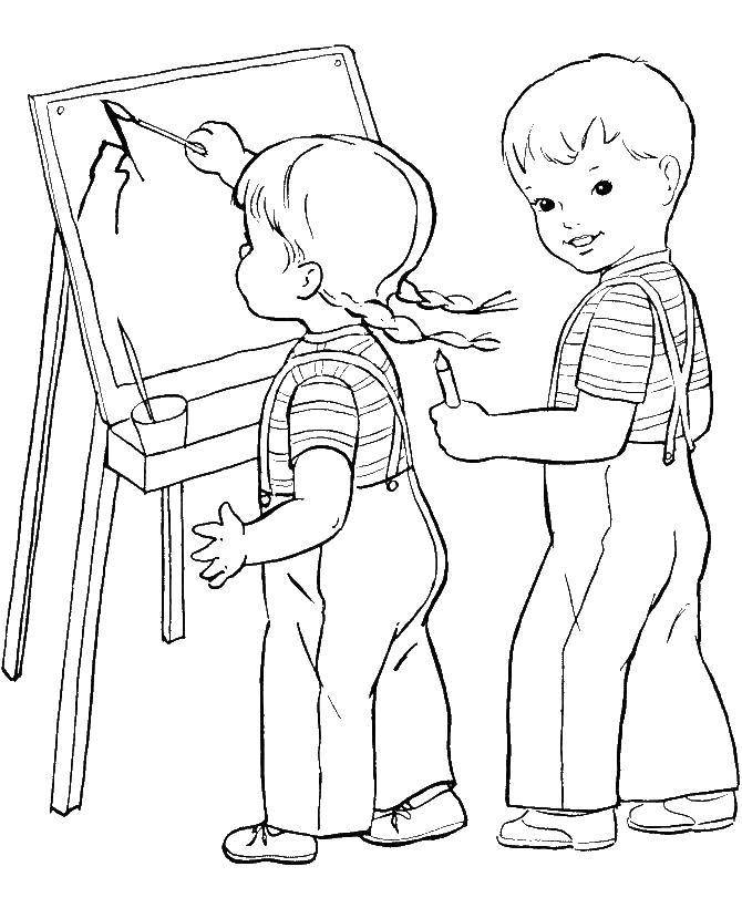 Название: Раскраска Детки рисуют. Категория: дети. Теги: Дети, девочка, мальчик.