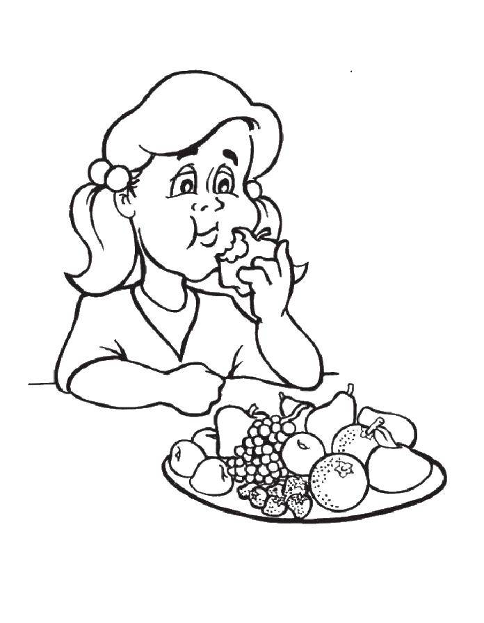 Название: Раскраска Девочка ест фрукты. Категория: дети. Теги: Дети, девочка.