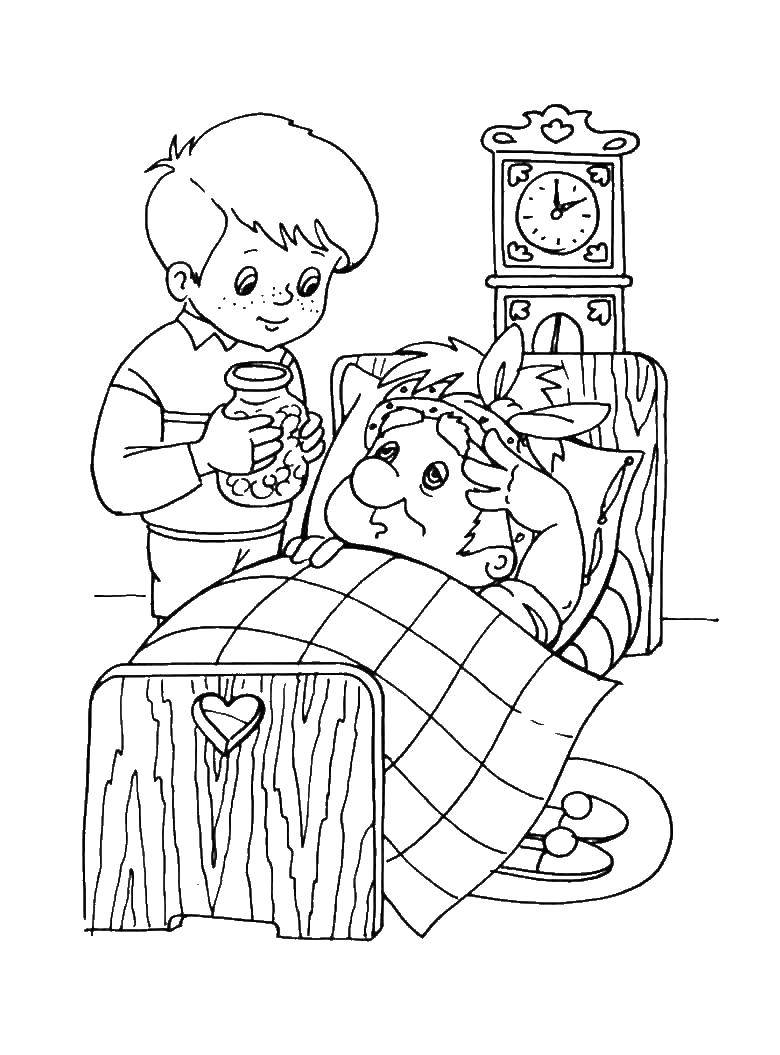Название: Раскраска Малыш ухаживает за больным карлсоном. Категория: Персонаж из мультфильма. Теги: Персонаж из мультфильма, "Малыш и Карлсон".