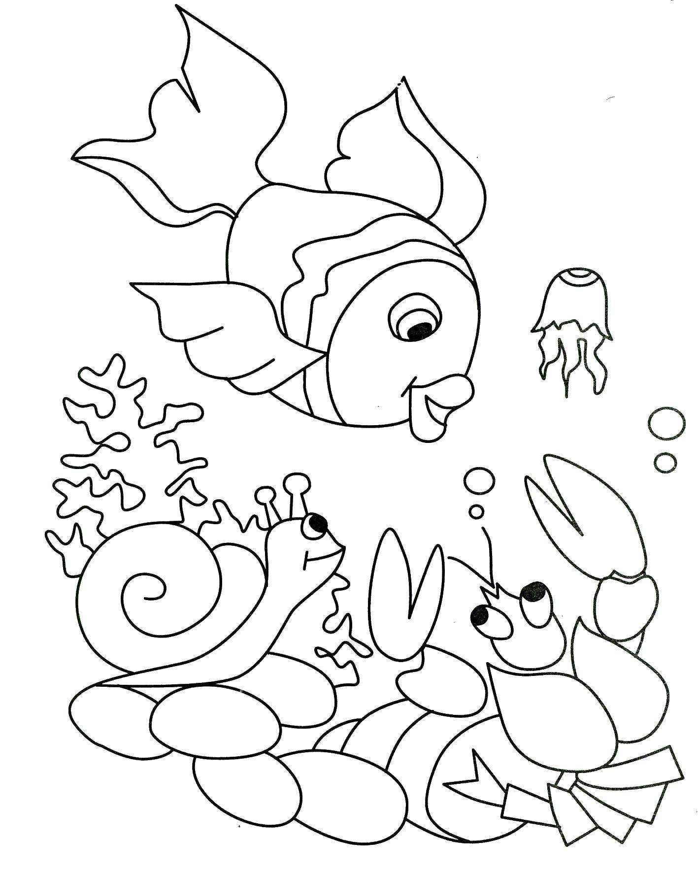 Coloring Fish, snail, crayfish and jellyfish in the water. Category marine. Tags:  Underwater world, fish, snail, crayfish.