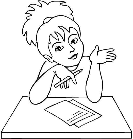 Coloring The girl at the Desk. Category school. Tags:  School, class, lesson, children.