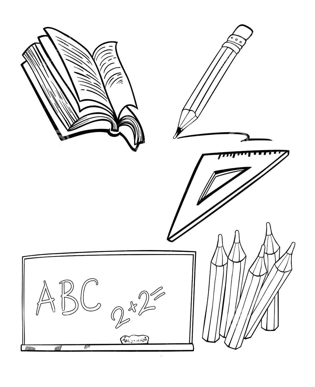 Название: Раскраска Школьные принадлежности. Категория: школа. Теги: Школа, тетради, ручки, книги, принадлежности.