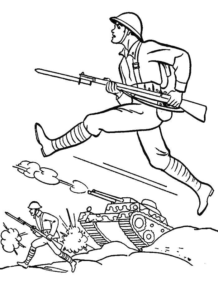Coloring Soldiers running into battle. Category military coloring pages. Tags:  War, soldiers, tank.