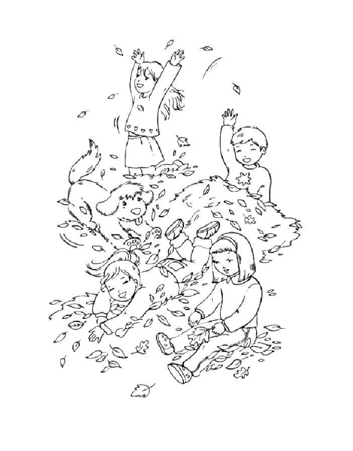 Название: Раскраска Дети играют с листьями. Категория: Люди. Теги: дети, листья.