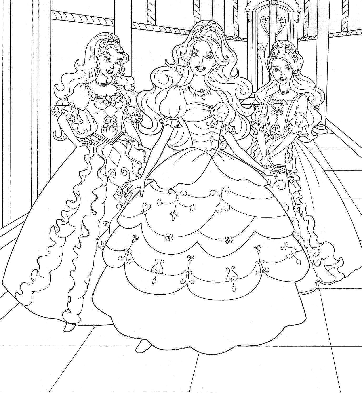 Название: Раскраска Барби принцессы в пышных платьях. Категория: Барби. Теги: Барби, принцесса, принц.