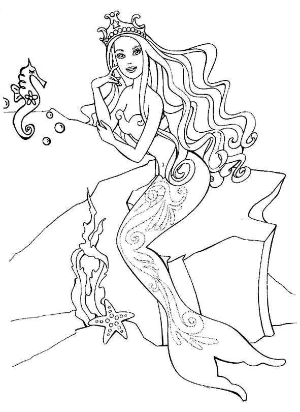 Coloring Barbie mermaid. Category The little mermaid. Tags:  Barbie , mermaid, underwater, seahorse.