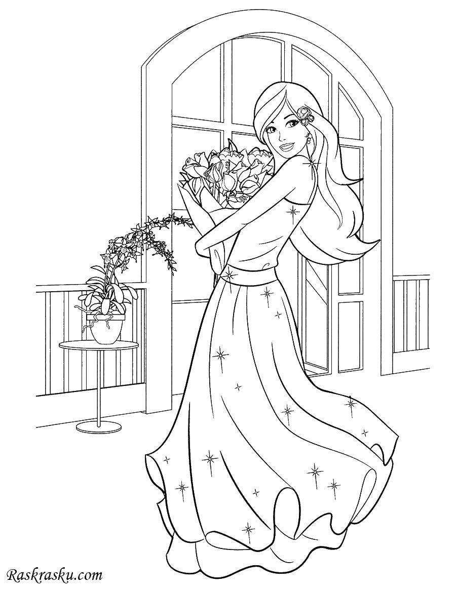 Название: Раскраска Принцесса с цветами. Категория: принцесса. Теги: цветы, принцесса.