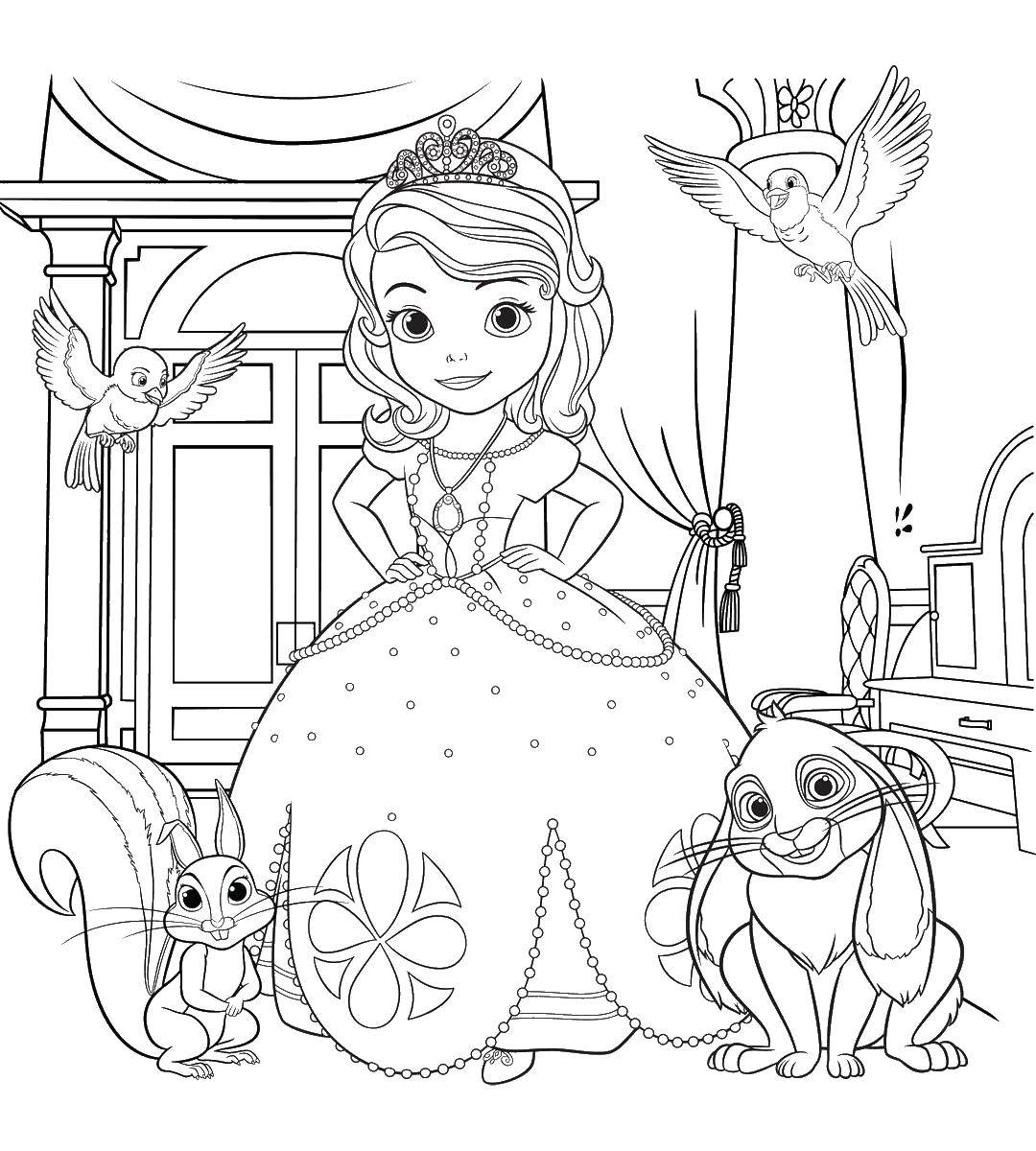 Название: Раскраска Принцесса. Категория: Персонажи из сказок. Теги: принцесса, платье, кролик, белка.