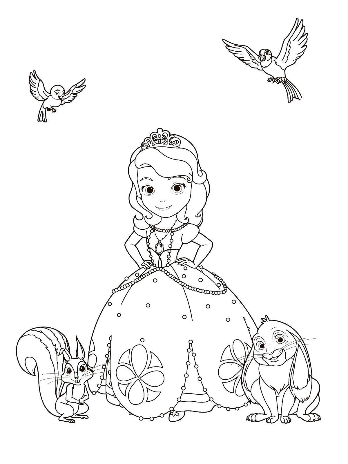 Название: Раскраска Принцесса. Категория: Персонажи из сказок. Теги: принцесса, платье, птицы, кролик, белка.