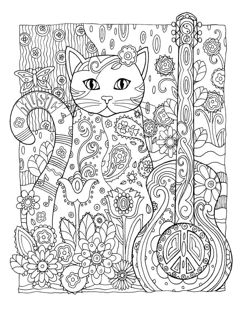 Название: Раскраска Узорный кот с гитарой. Категория: узоры. Теги: Узоры, животные.