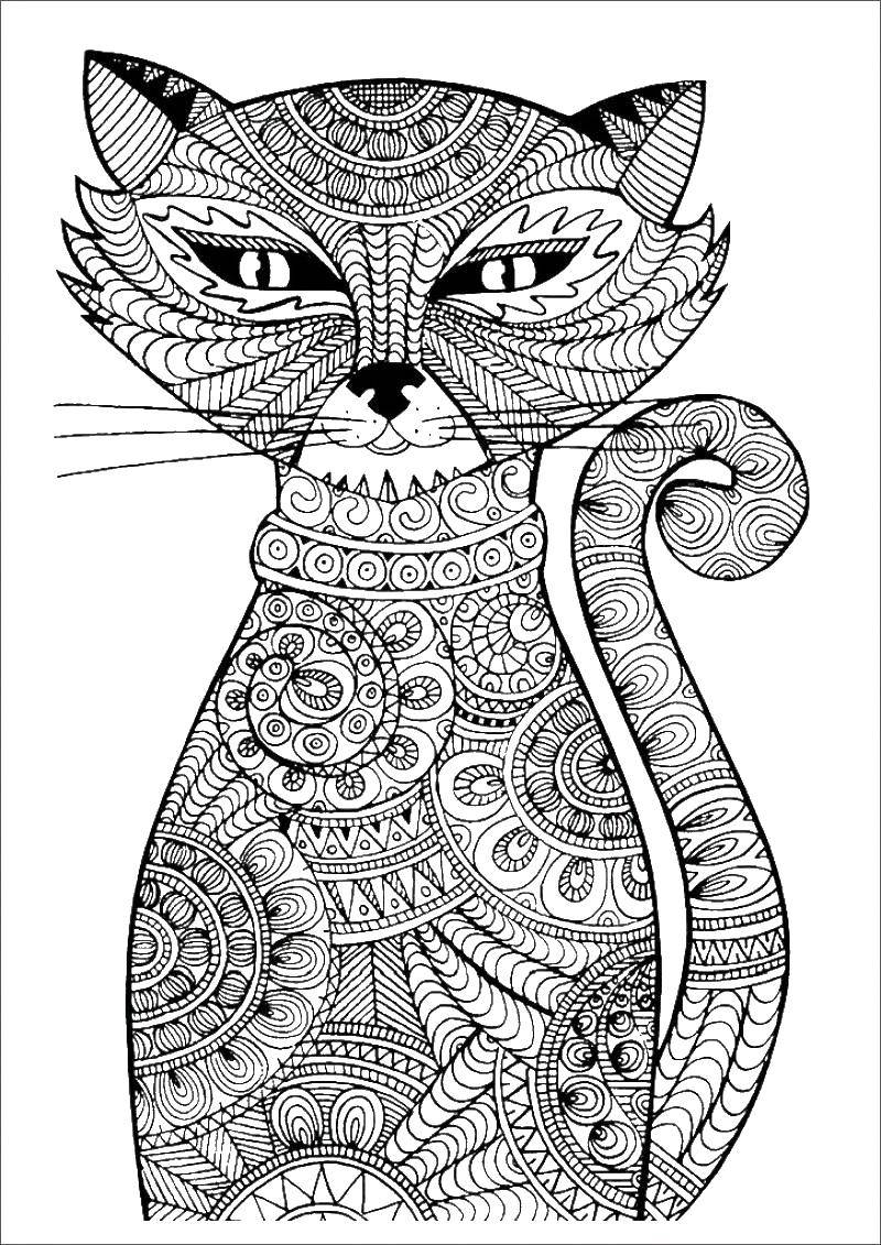 Название: Раскраска Узорный кот. Категория: раскраски для взрослых. Теги: Узоры, животные.