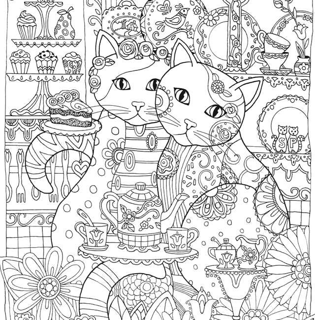 Coloring Patterned cats drinking tea. Category patterns. Tags:  Patterns, animals.