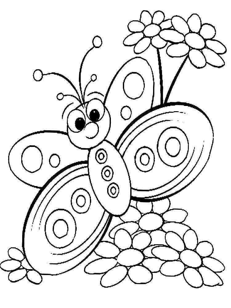 Название: Раскраска Бабочка в цветах. Категория: Раскраски для малышей. Теги: Бабочка, цветы.