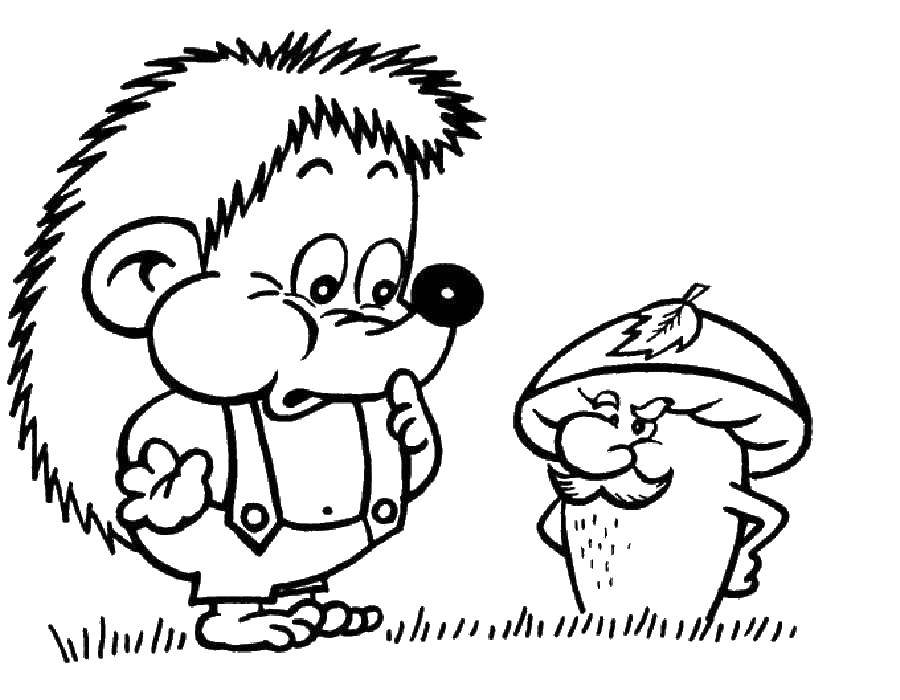 Coloring Hedgehog with a mushroom. Category Coloring pages for kids. Tags:  animals, hedgehog, mushroom.