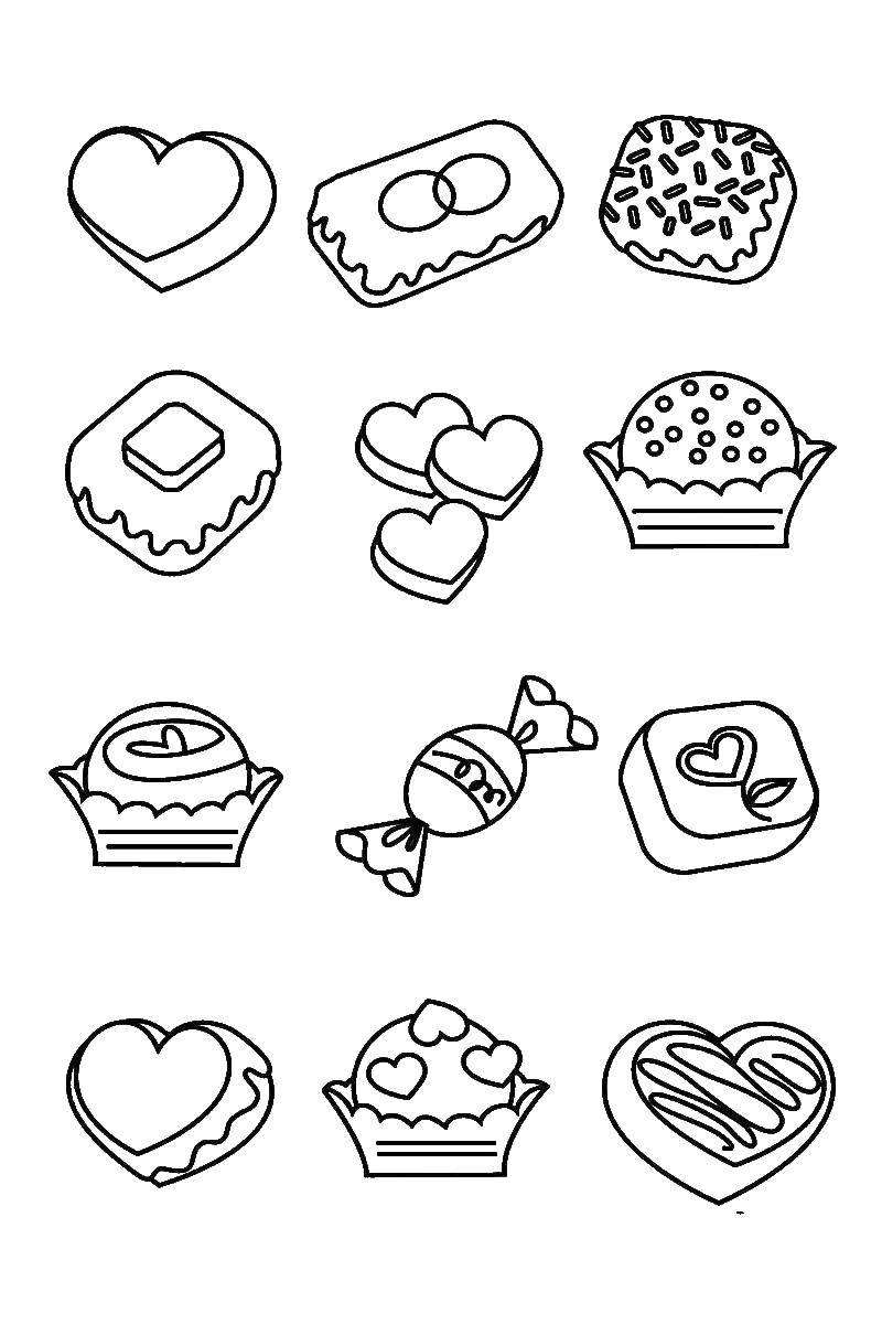 Опис: розмальовки  Цукерки та печиво. Категорія: цукерки. Теги:  цукерки, сердечка, печива.