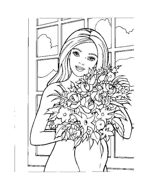 Название: Раскраска Барби с букетом цветов. Категория: Барби. Теги: Барби, цветы, цветок.