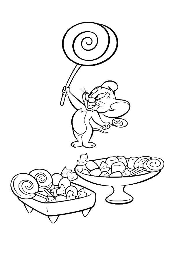 Название: Раскраска Джерри мышка с конфетами. Категория: мультики. Теги: Том и джери.
