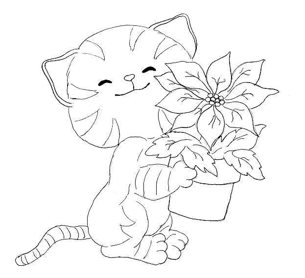 Coloring Kitten with a flower. Category seals. Tags:  Animals, kitten.