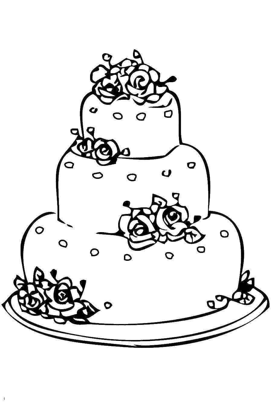 Coloring A three-tiered cake. Category cakes. Tags:  cake, plate, flowers.