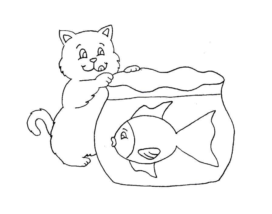 Название: Раскраска Котик мечтает о рыбке. Категория: котики. Теги: Животные, котёнок.
