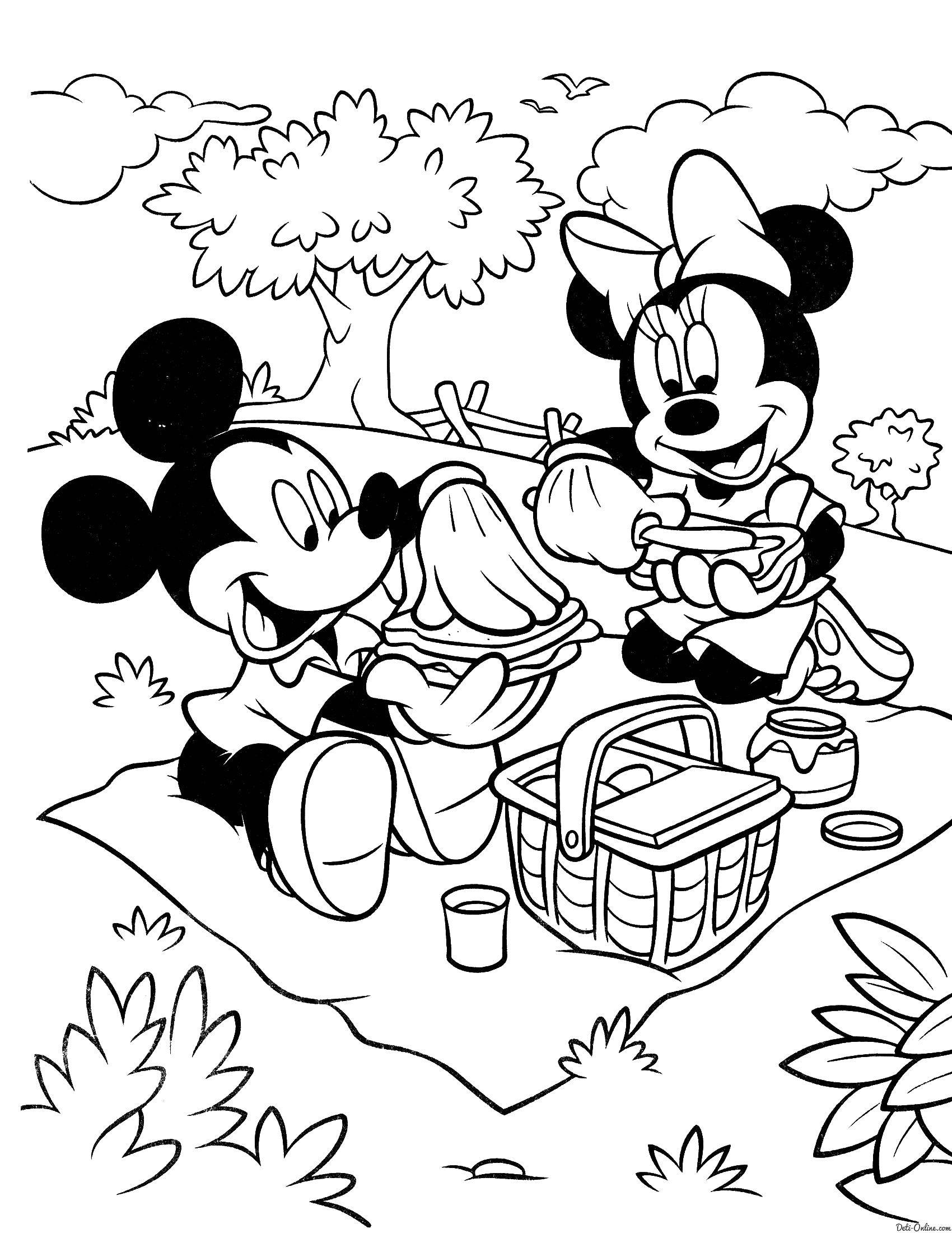 Coloring Mickey mouse and Minnie mouse on a picnic. Category Mickey mouse. Tags:  Disney, Mickey Mouse, Minnie Mouse.